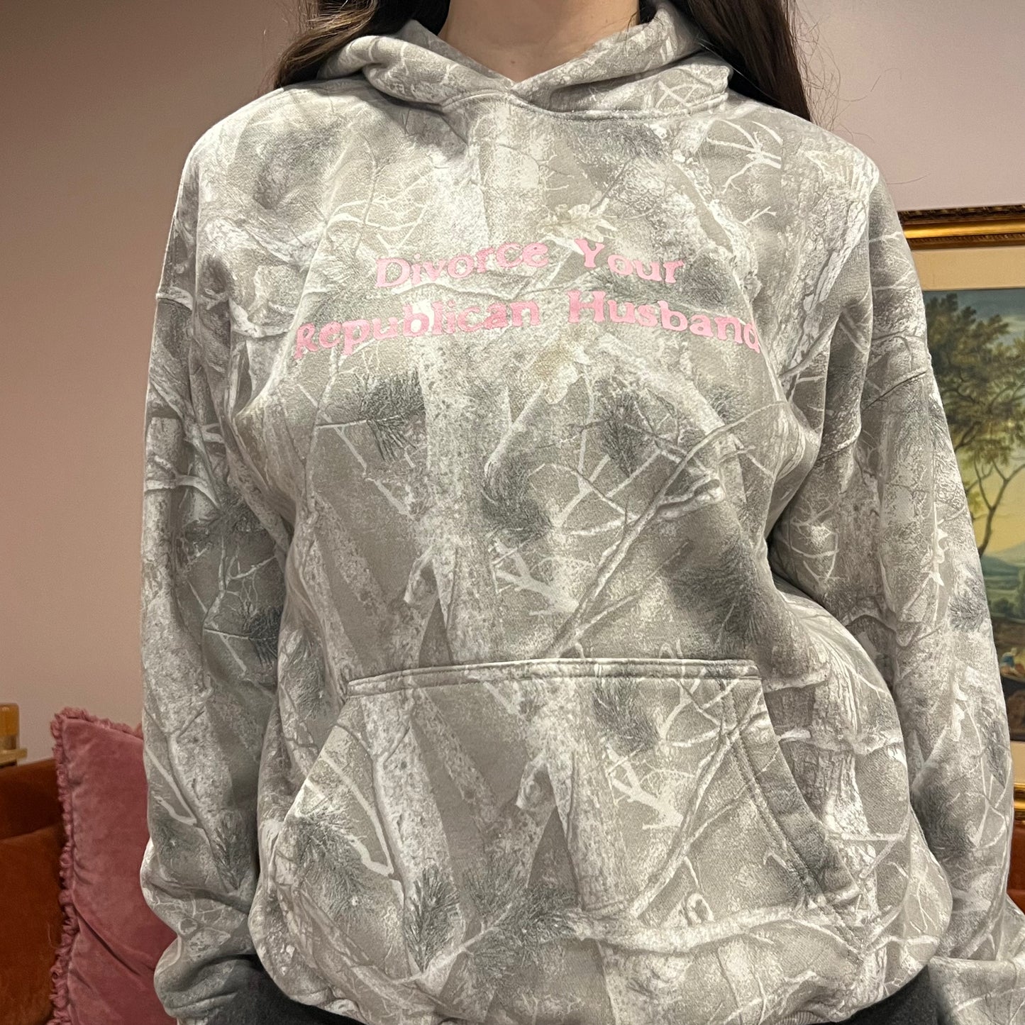 DIVORCE YOUR REPUBLICAN HUSBAND white camo hoodie with pink text (S)