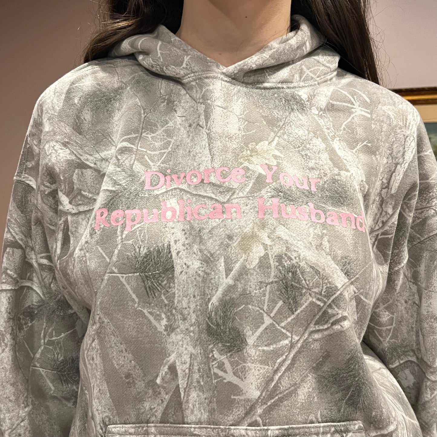 DIVORCE YOUR REPUBLICAN HUSBAND white camo hoodie with pink text (S)