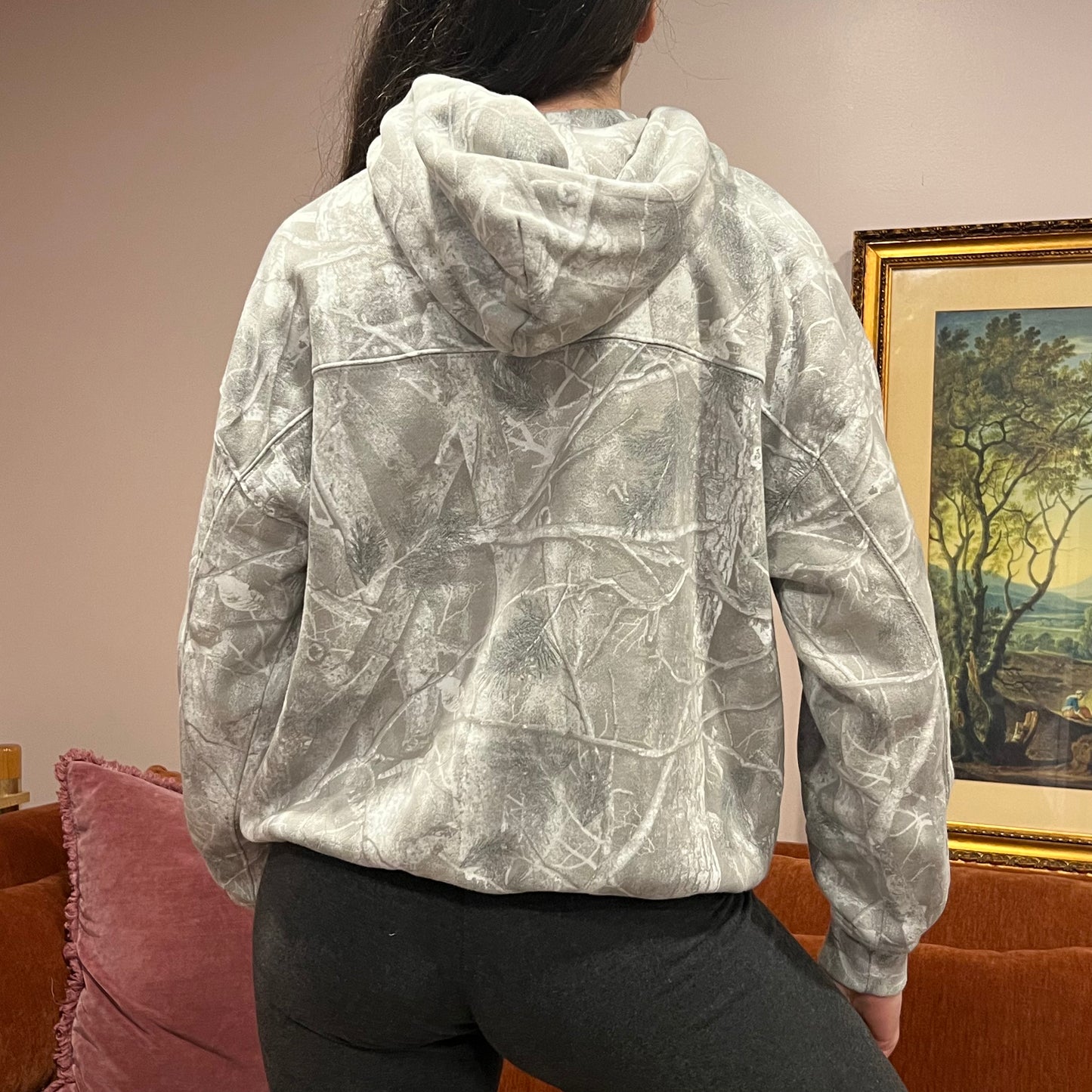 DIVORCE YOUR REPUBLICAN HUSBAND white camo hoodie with pink text (S)