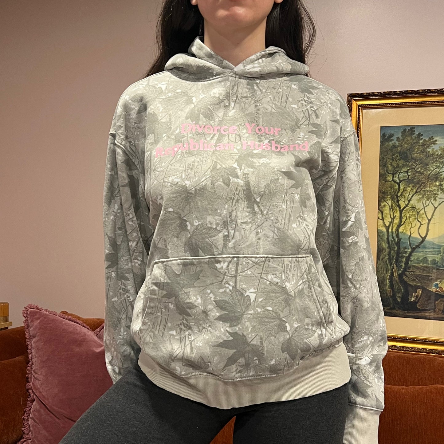 DIVORCE YOUR REPUBLICAN HUSBAND white camo hoodie with pink text (L)