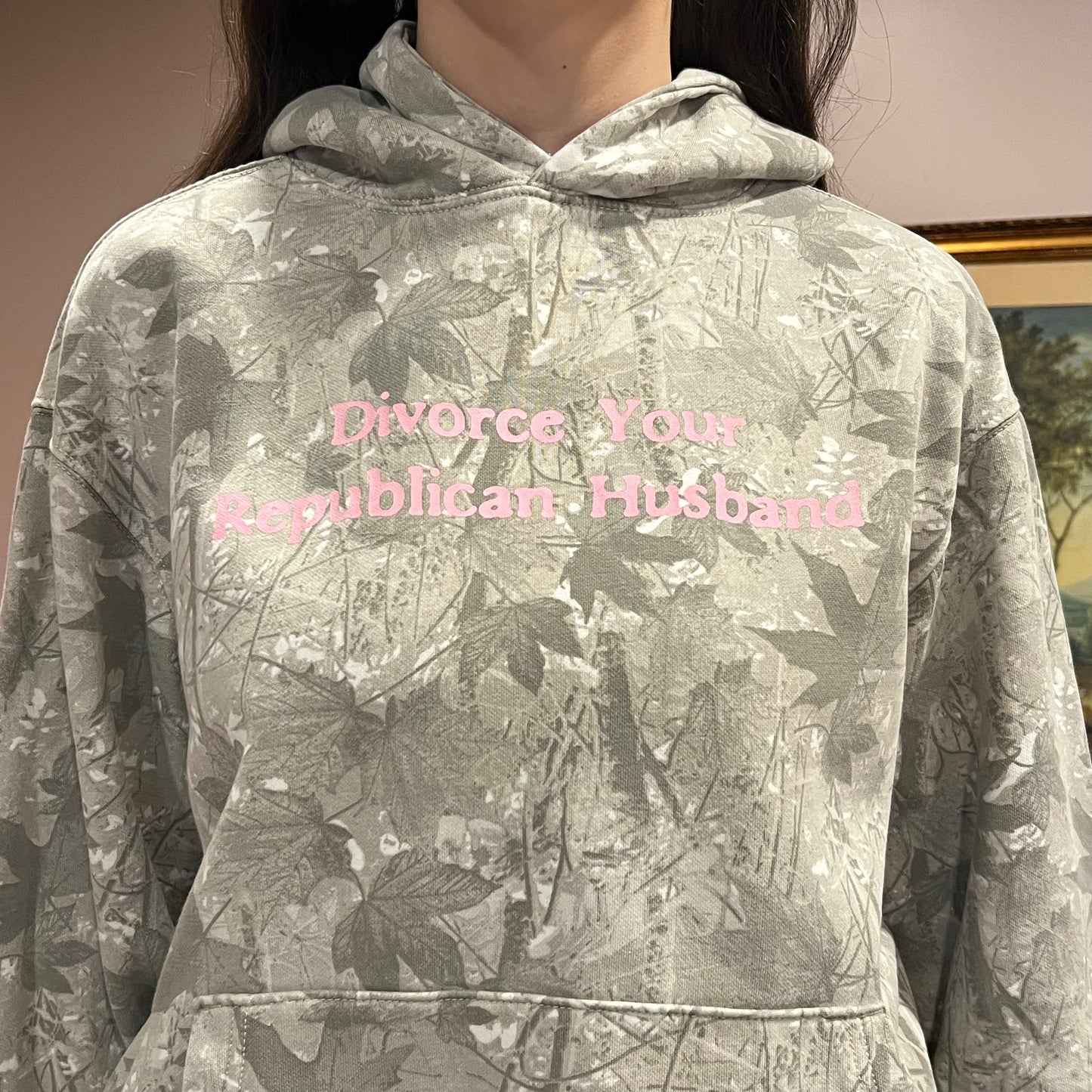 DIVORCE YOUR REPUBLICAN HUSBAND white camo hoodie with pink text (L)