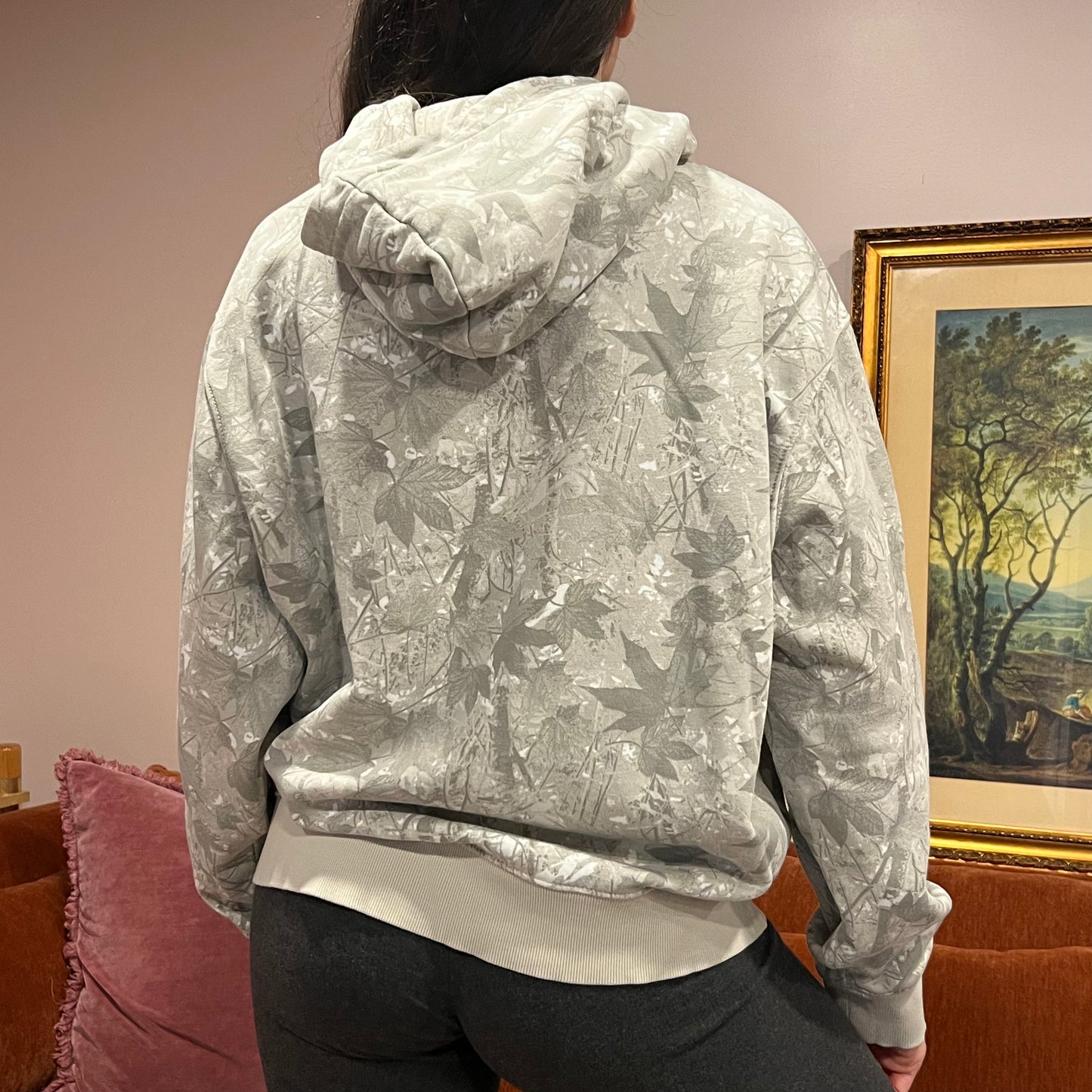 DIVORCE YOUR REPUBLICAN HUSBAND white camo hoodie with pink text (L)