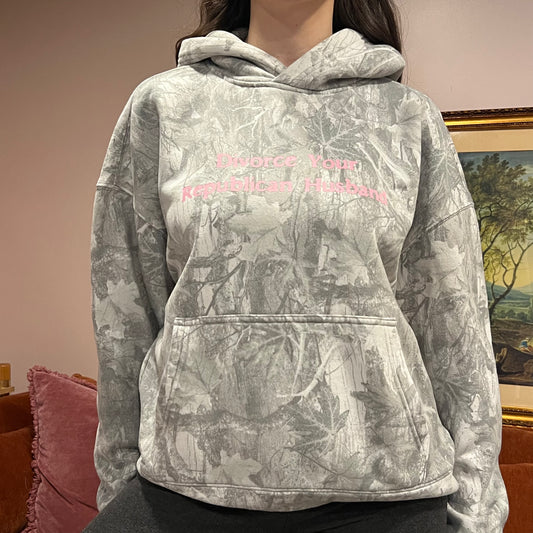 DIVORCE YOUR REPUBLICAN HUSBAND white camo hoodie with pink text (L)