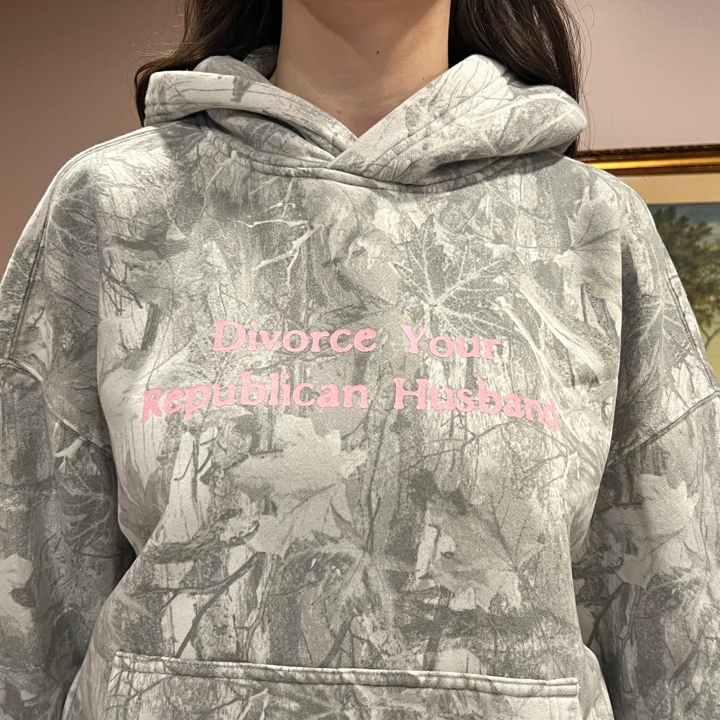 DIVORCE YOUR REPUBLICAN HUSBAND white camo hoodie with pink text (L)