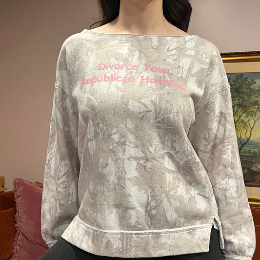 DIVORCE YOUR REPUBLICAN HUSBAND white camo crewneck with pink text (S)