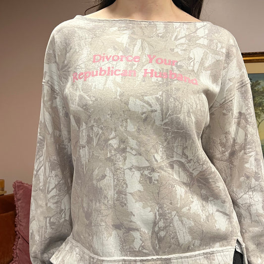 DIVORCE YOUR REPUBLICAN HUSBAND white camo crewneck with pink text (S)