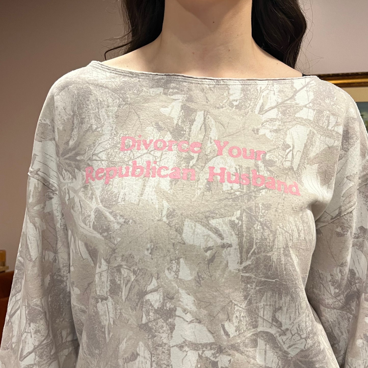 DIVORCE YOUR REPUBLICAN HUSBAND white camo crewneck with pink text (S)