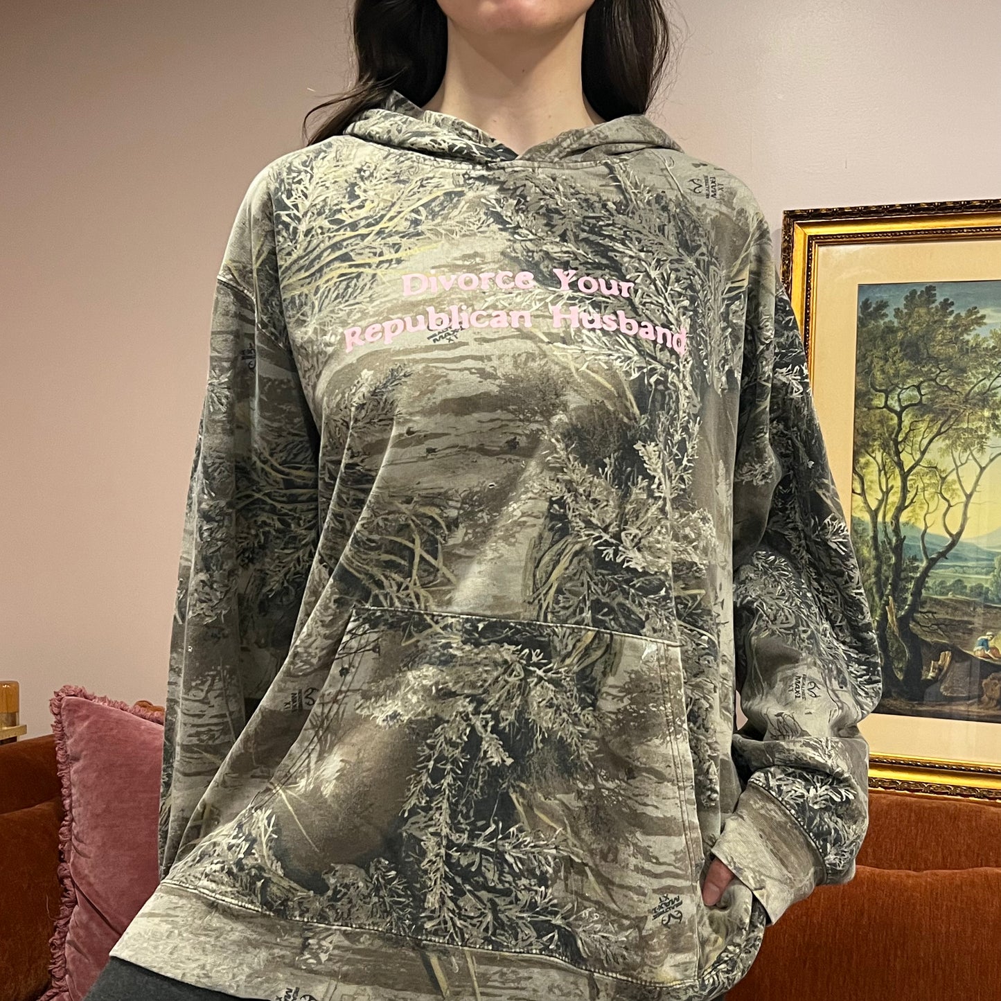 DIVORCE YOUR REPUBLICAN HUSBAND camo hoodie with pink text (2XL)