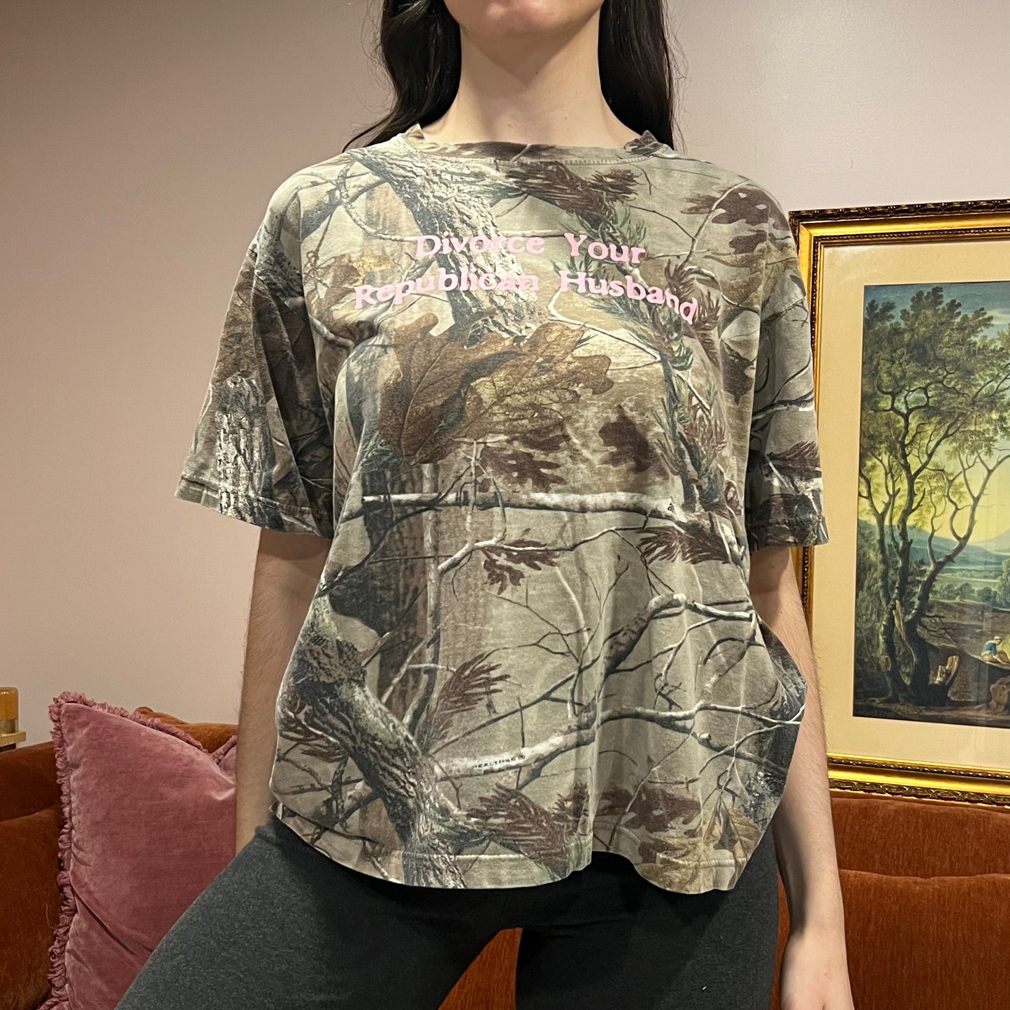 DIVORCE YOUR REPUBLICAN HUSBAND camo t-shirt with pink text (L)