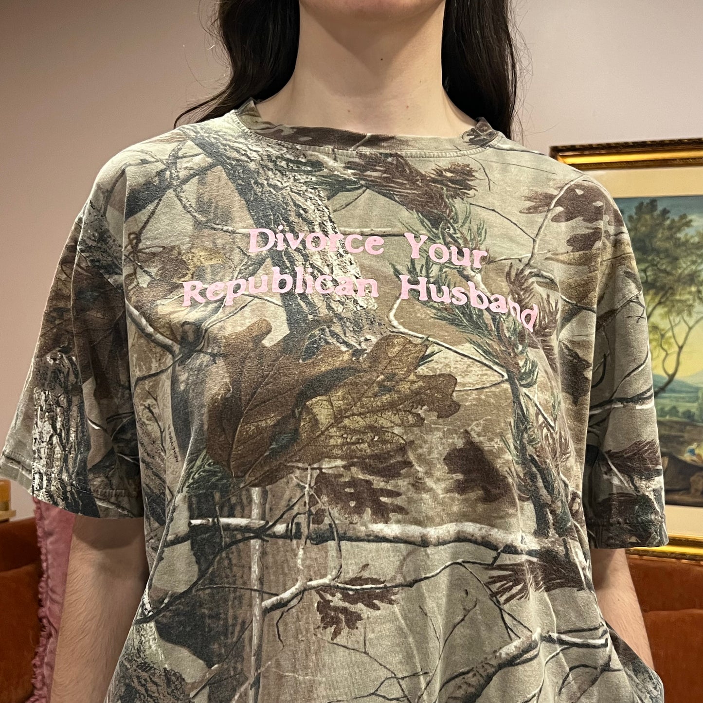 DIVORCE YOUR REPUBLICAN HUSBAND camo t-shirt with pink text (L)