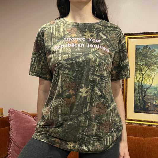 DIVORCE YOUR REPUBLICAN HUSBAND camo t-shirt with pink text (XL)
