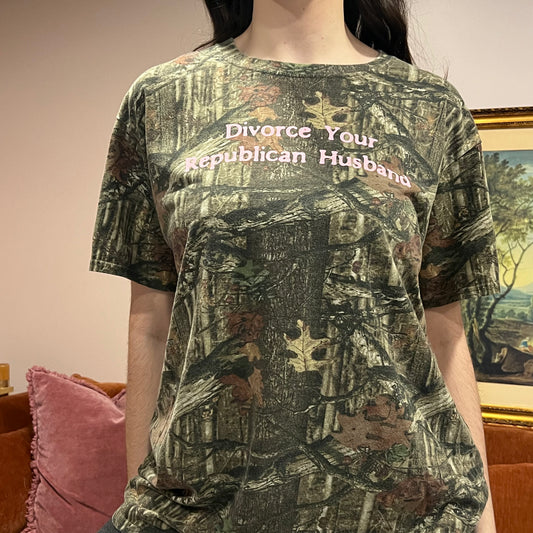 DIVORCE YOUR REPUBLICAN HUSBAND camo t-shirt with pink text (XL)