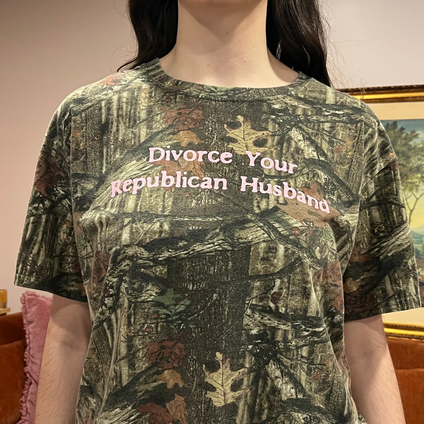 DIVORCE YOUR REPUBLICAN HUSBAND camo t-shirt with pink text (XL)