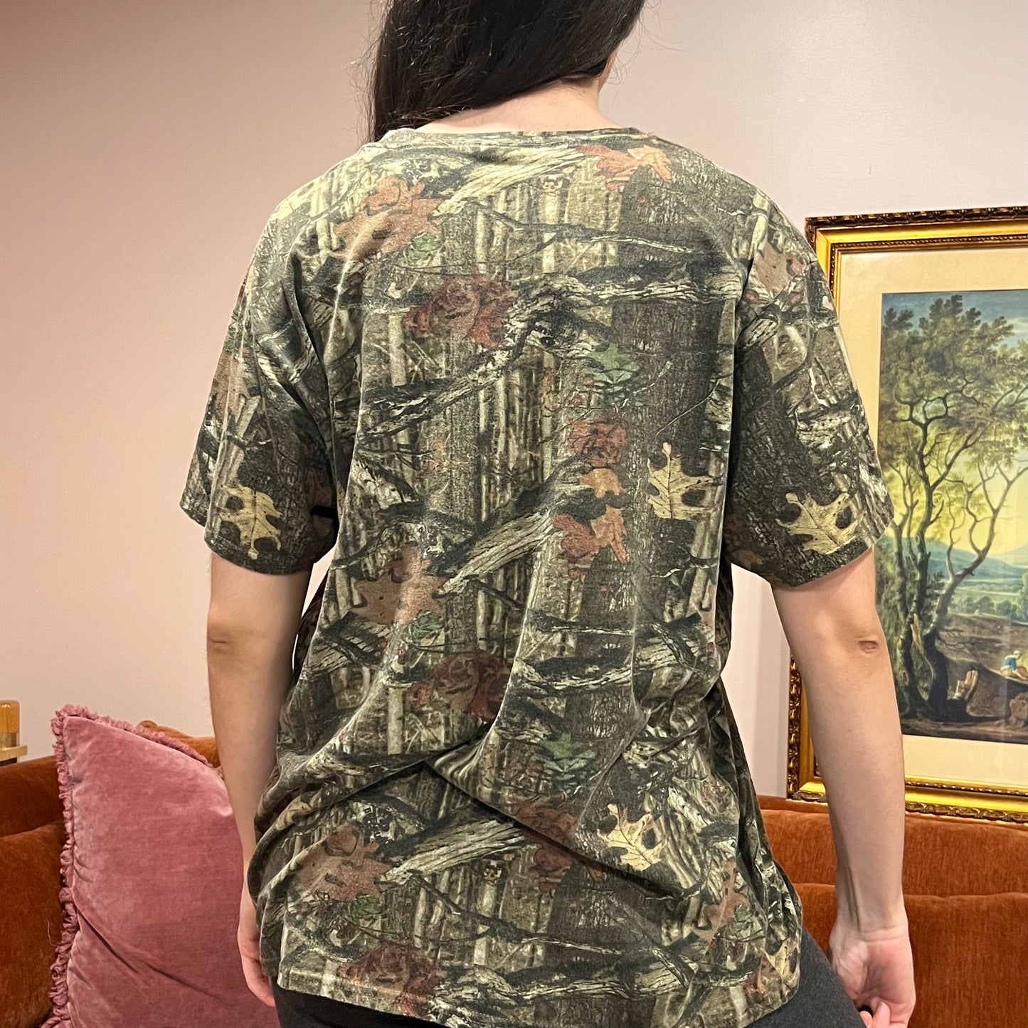 DIVORCE YOUR REPUBLICAN HUSBAND camo t-shirt with pink text (XL)