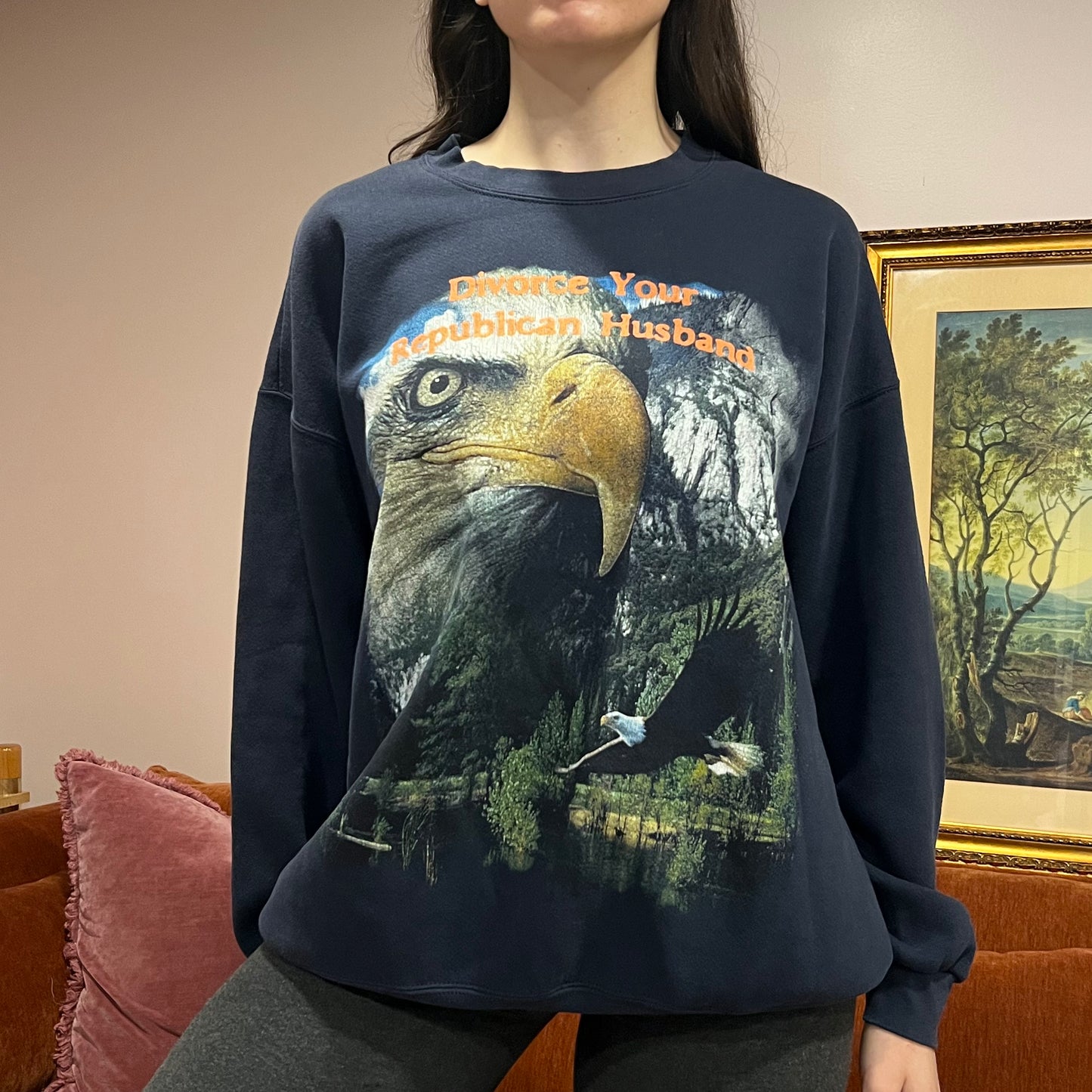 DIVORCE YOUR REPUBLICAN HUSBAND animal crewneck with orange text (2XL)