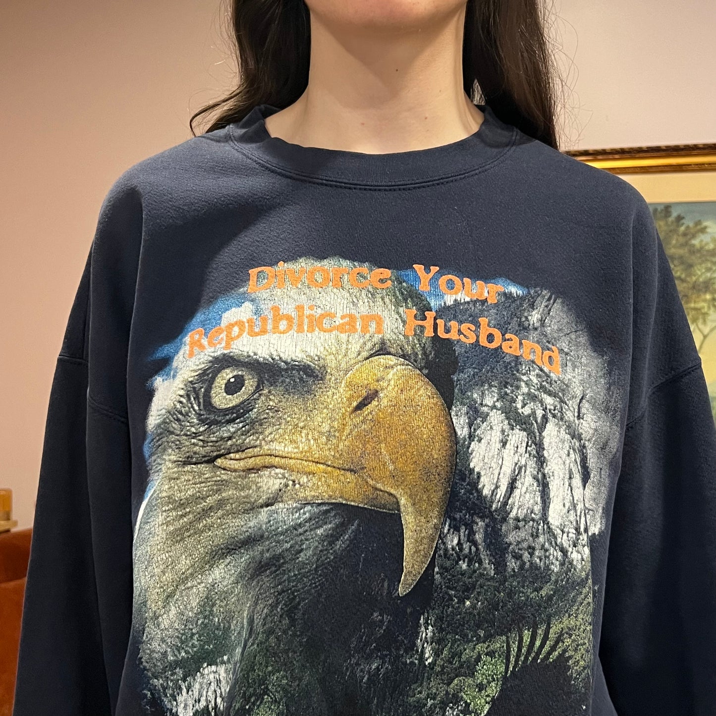 DIVORCE YOUR REPUBLICAN HUSBAND animal crewneck with orange text (2XL)