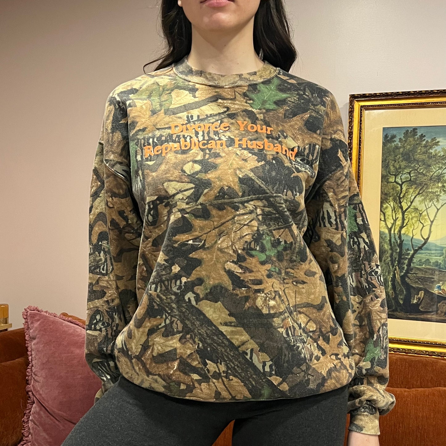 DIVORCE YOUR REPUBLICAN HUSBAND camo hoodie with orange text (L/XL)