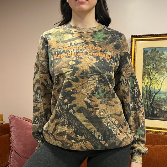 DIVORCE YOUR REPUBLICAN HUSBAND camo hoodie with orange text (L/XL)