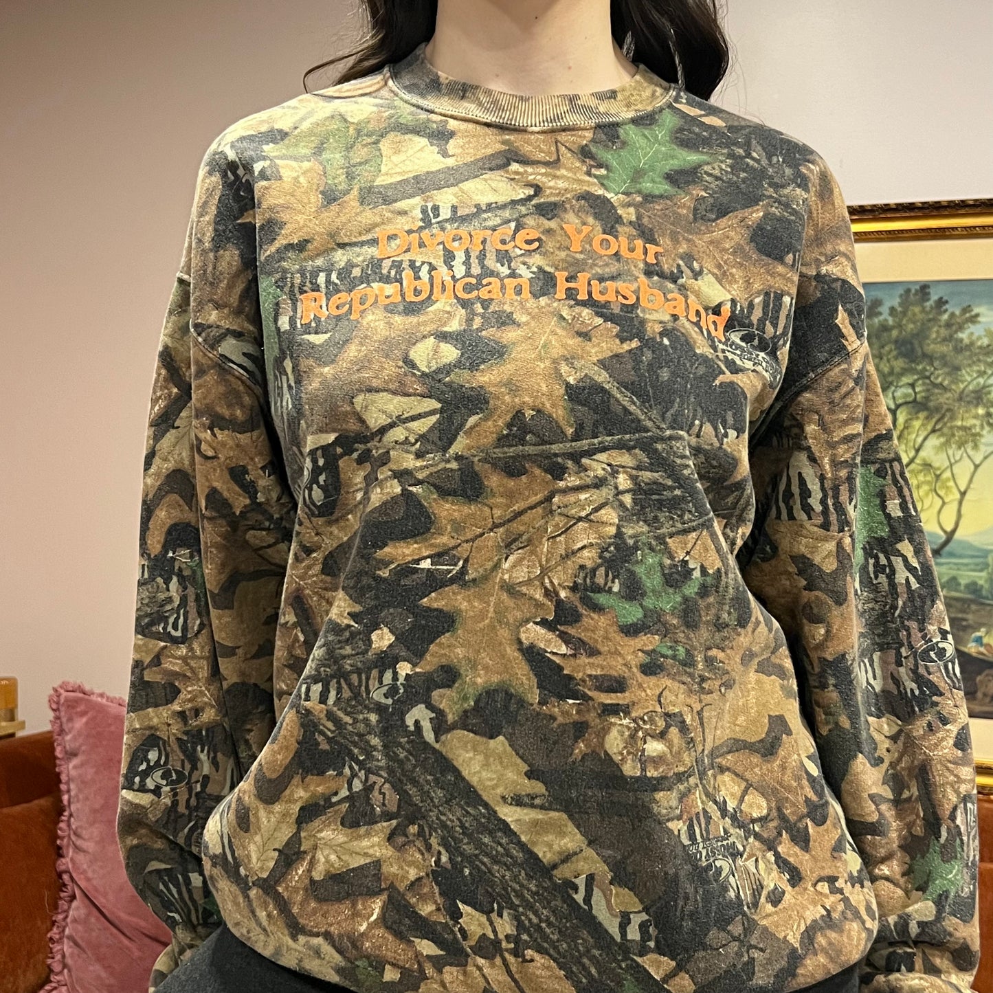 DIVORCE YOUR REPUBLICAN HUSBAND camo hoodie with orange text (L/XL)