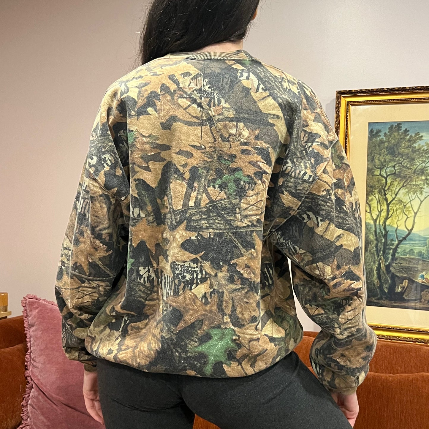 DIVORCE YOUR REPUBLICAN HUSBAND camo hoodie with orange text (L/XL)