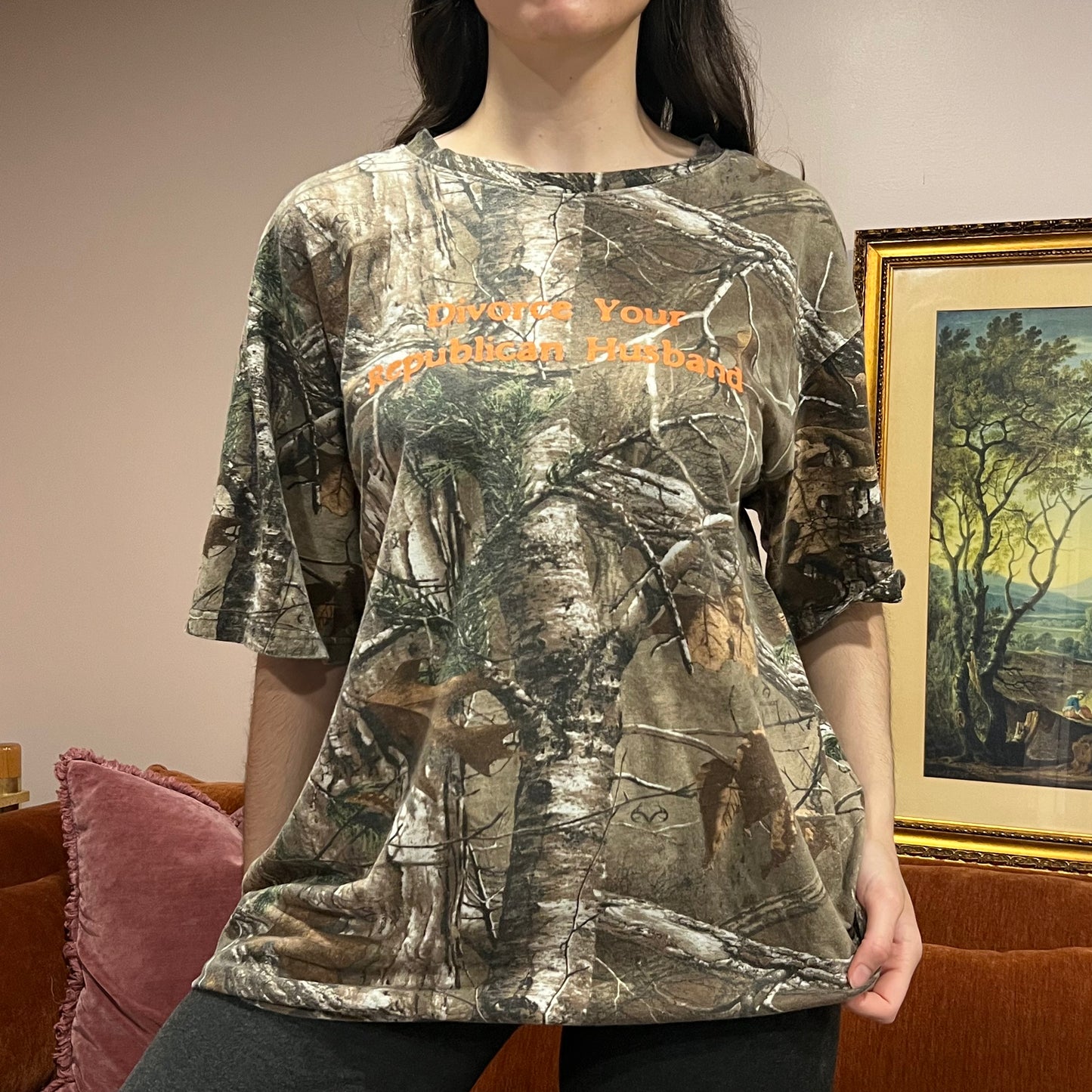 DIVORCE YOUR REPUBLICAN HUSBAND camo t-shirt with orange text (2XL)