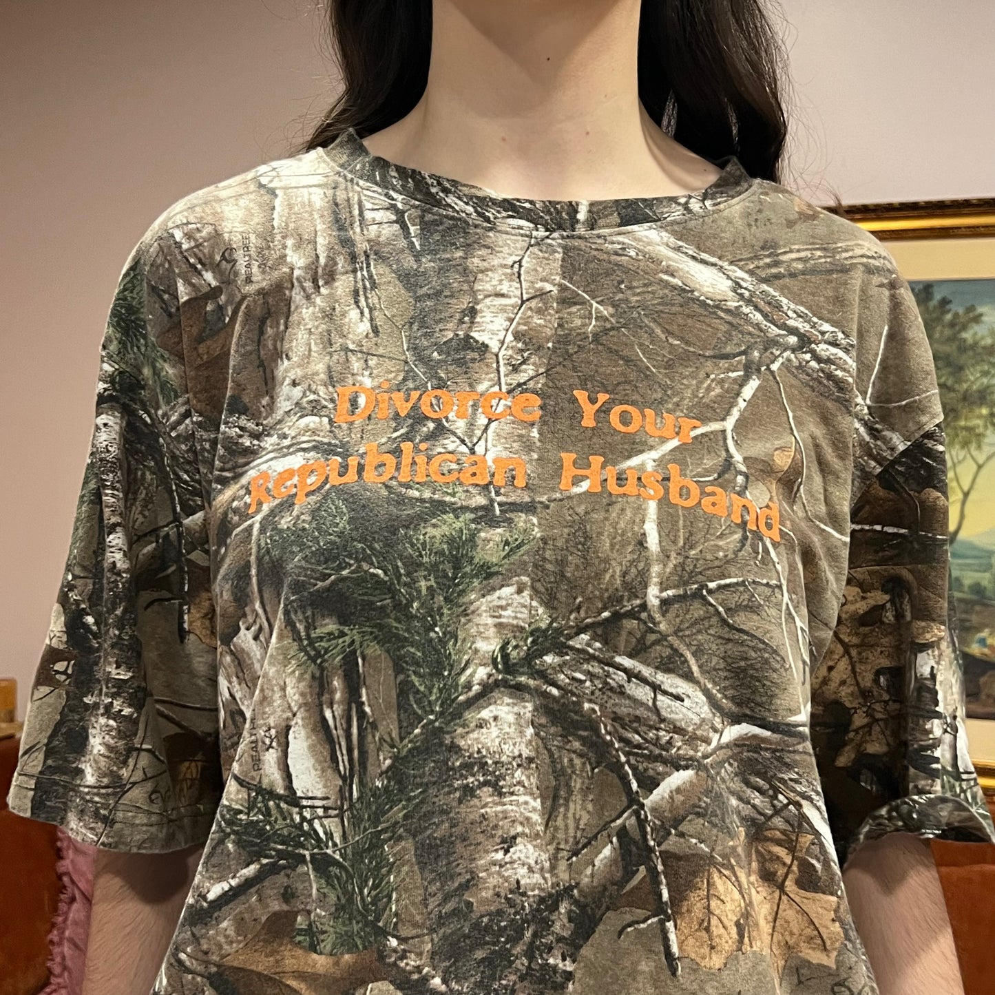 DIVORCE YOUR REPUBLICAN HUSBAND camo t-shirt with orange text (2XL)