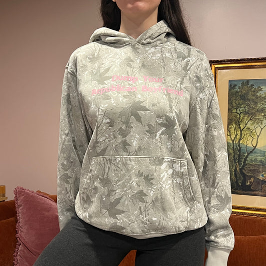DUMP YOUR REPUBLICAN BOYFRIEND white camo hoodie with pink text (M)
