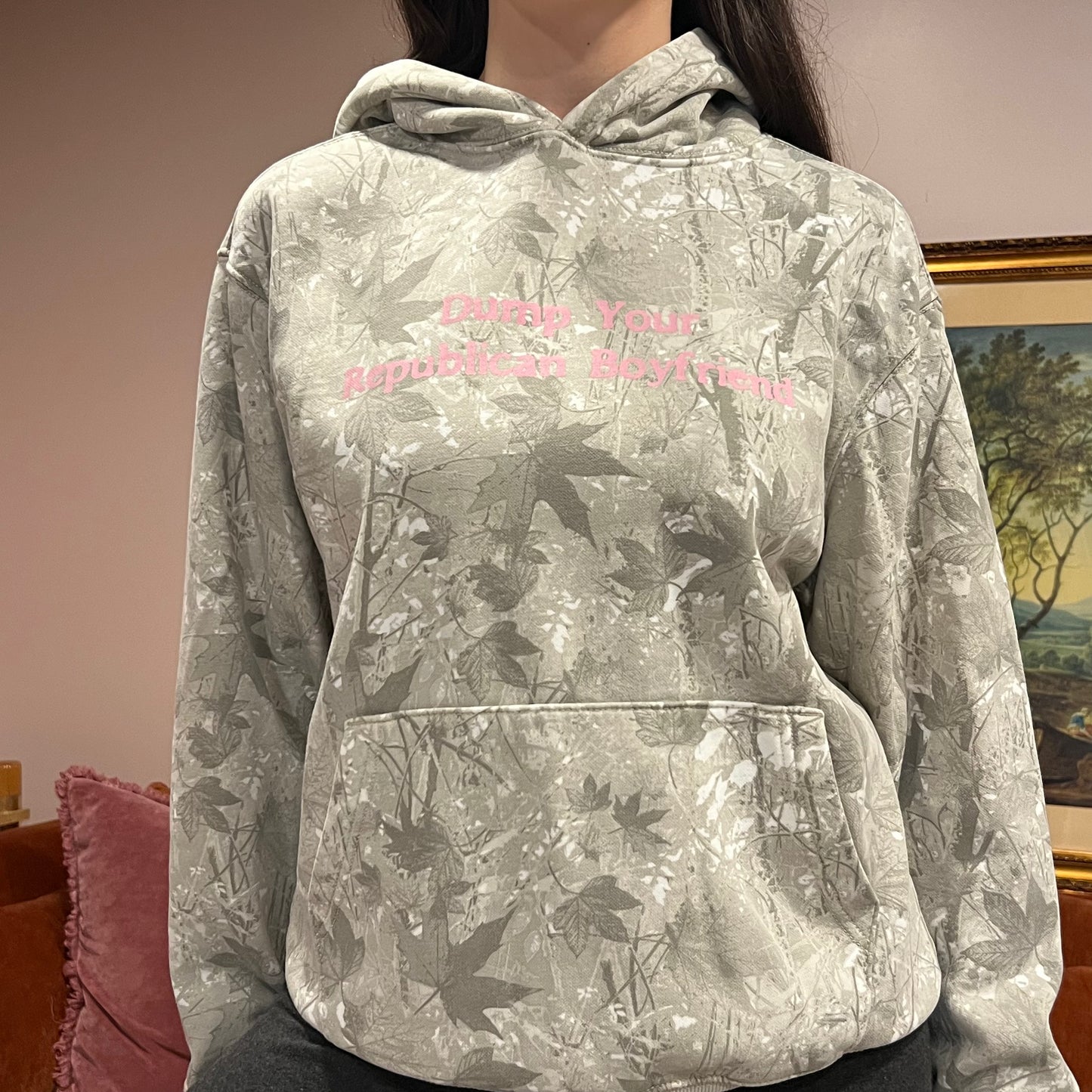 DUMP YOUR REPUBLICAN BOYFRIEND white camo hoodie with pink text (M)