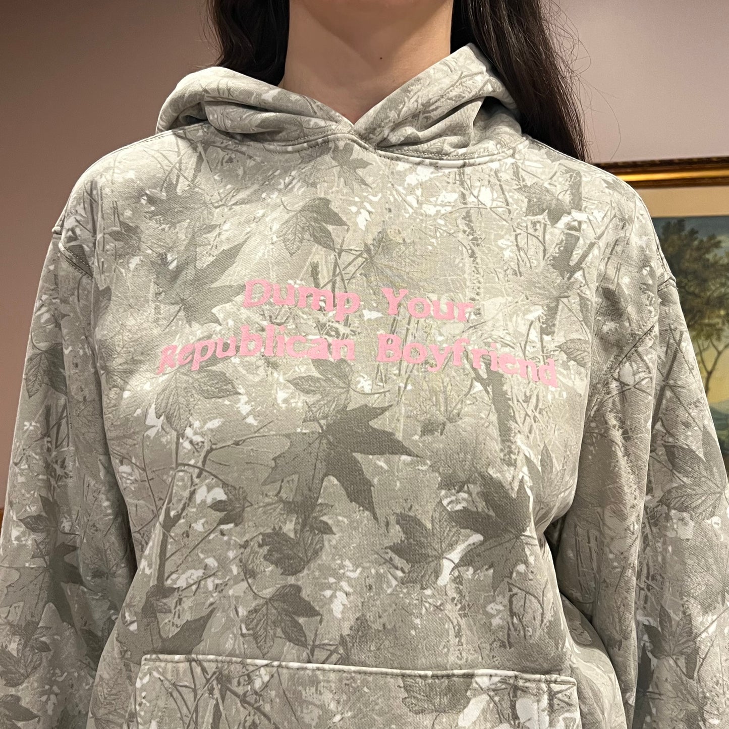 DUMP YOUR REPUBLICAN BOYFRIEND white camo hoodie with pink text (M)