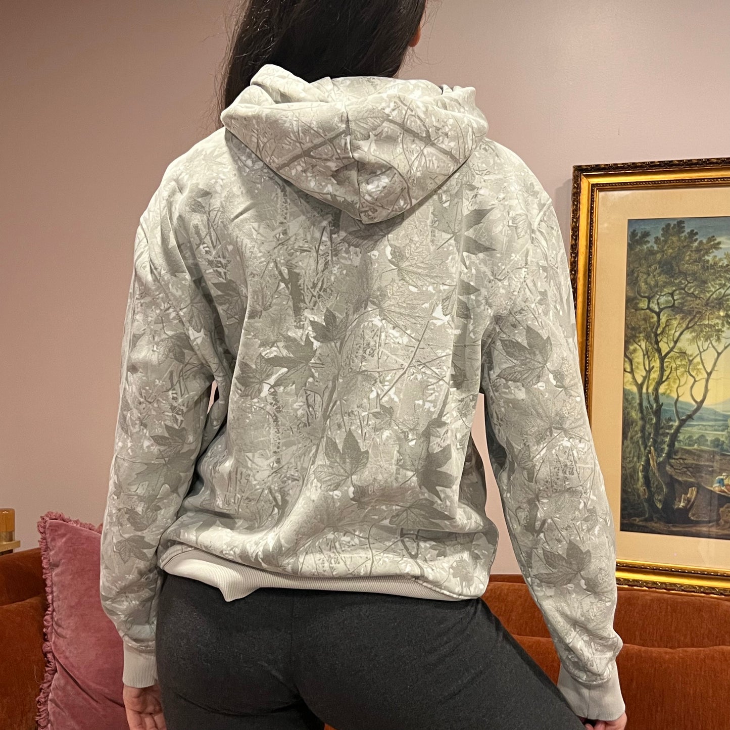 DUMP YOUR REPUBLICAN BOYFRIEND white camo hoodie with pink text (M)