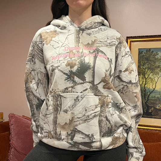DUMP YOUR REPUBLICAN BOYFRIEND white camo hoodie with pink text (L)