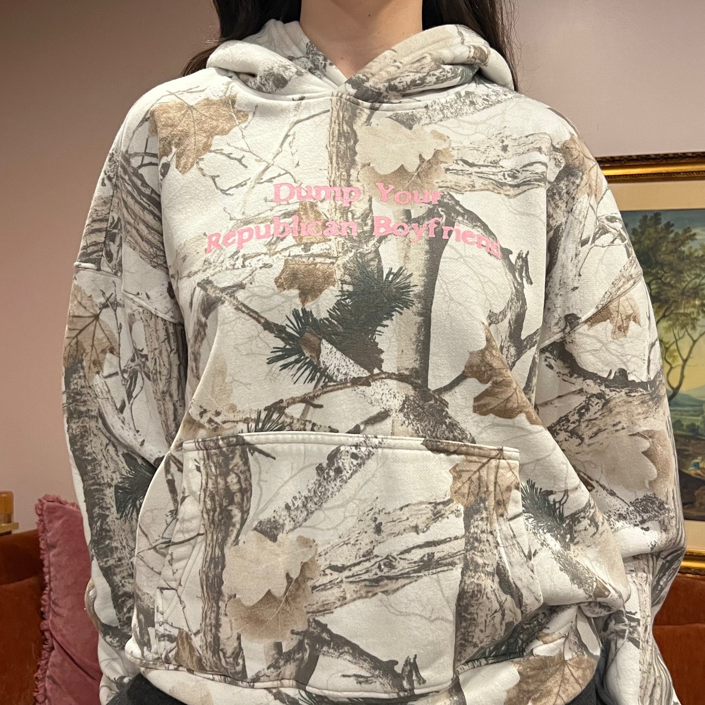DUMP YOUR REPUBLICAN BOYFRIEND white camo hoodie with pink text (L)