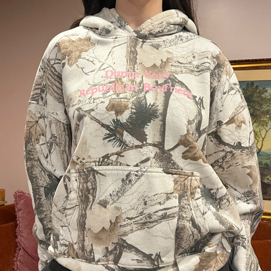 DUMP YOUR REPUBLICAN BOYFRIEND white camo hoodie with pink text (L)