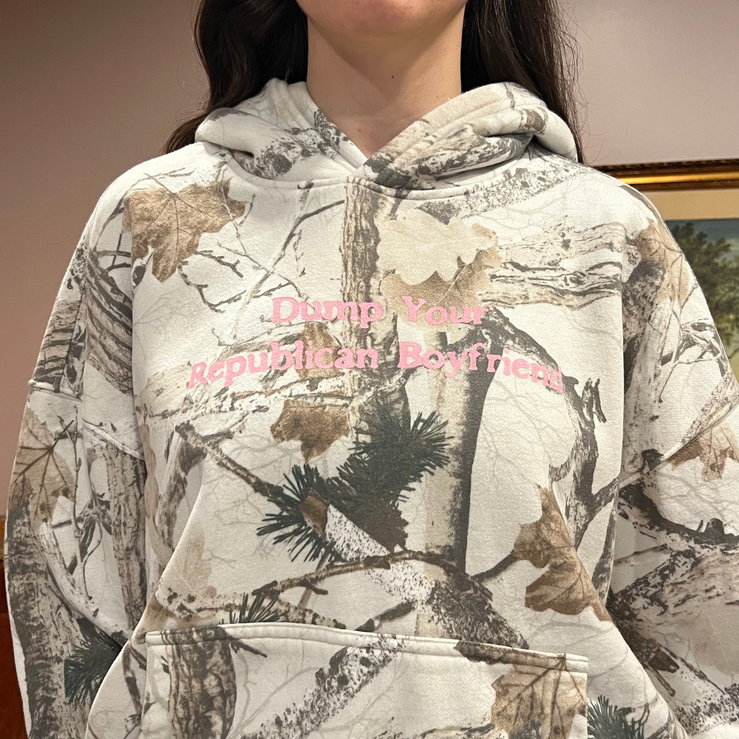 DUMP YOUR REPUBLICAN BOYFRIEND white camo hoodie with pink text (L)