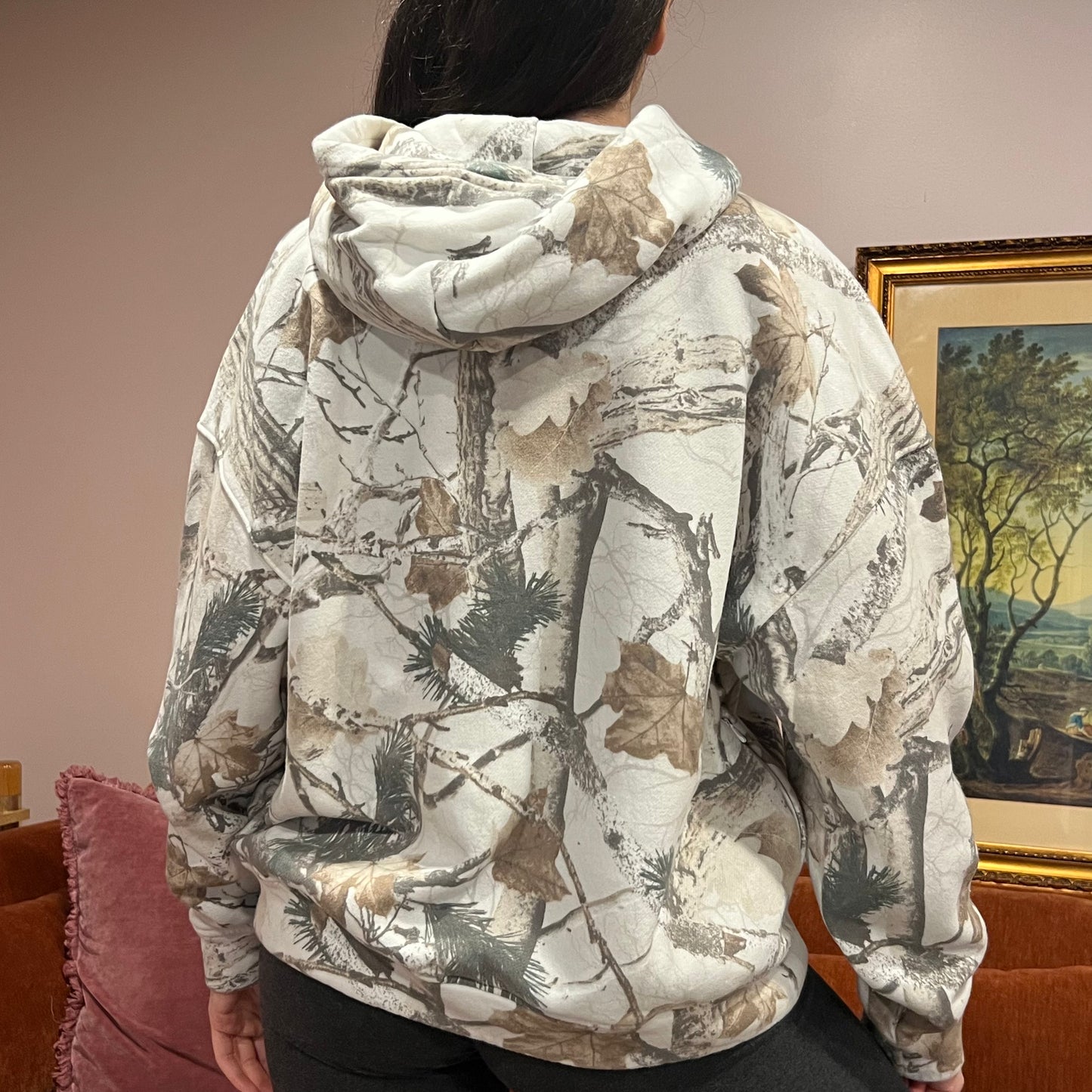 DUMP YOUR REPUBLICAN BOYFRIEND white camo hoodie with pink text (L)