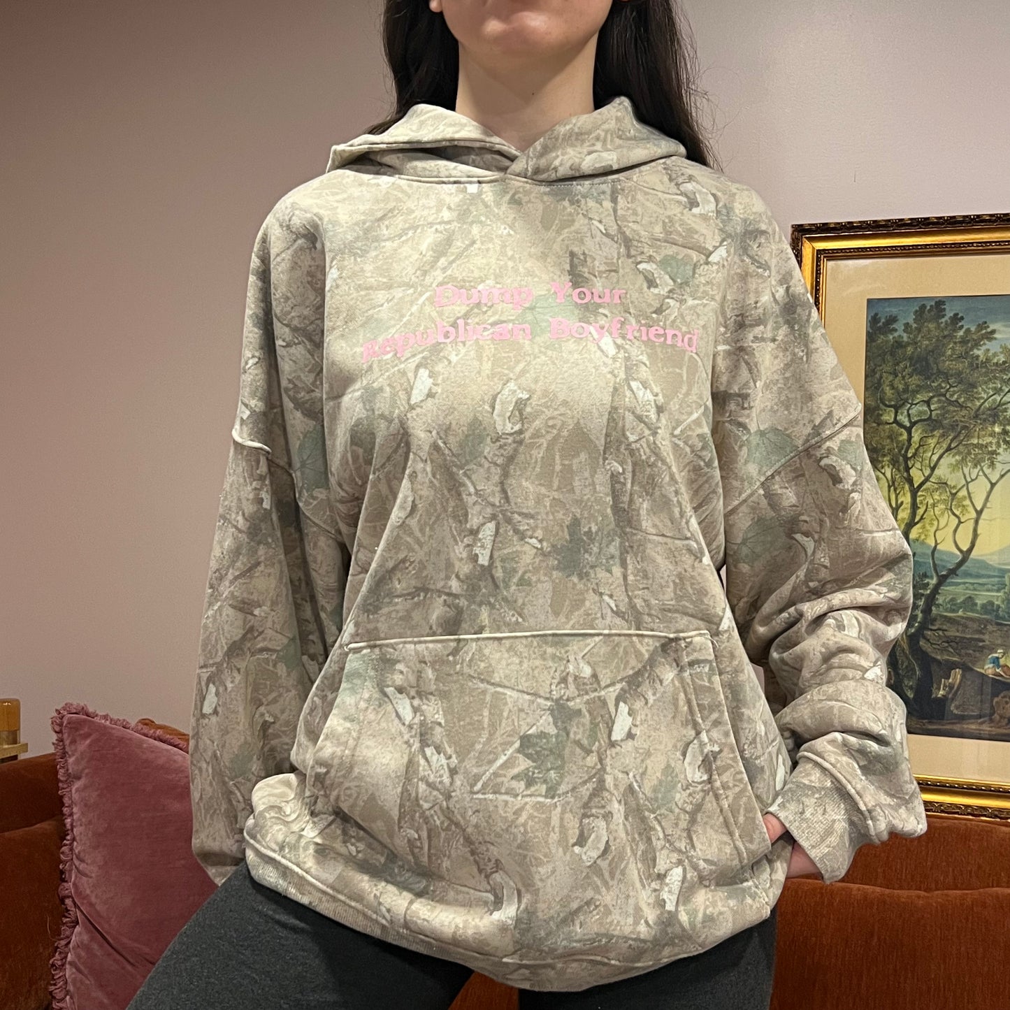 DUMP YOUR REPUBLICAN BOYFRIEND white camo hoodie with pink text (XL)