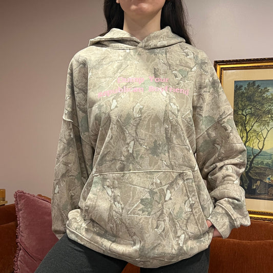 DUMP YOUR REPUBLICAN BOYFRIEND white camo hoodie with pink text (XL)