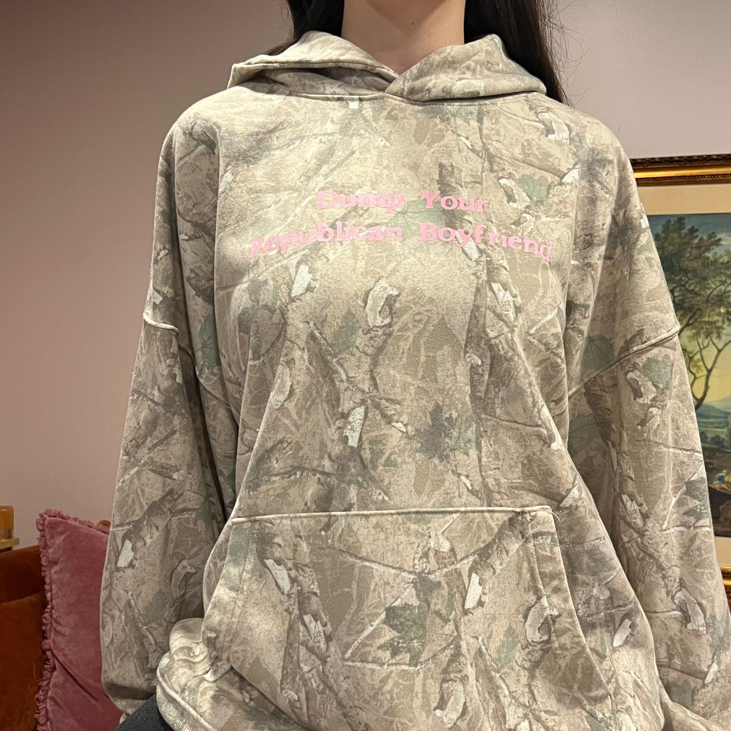 DUMP YOUR REPUBLICAN BOYFRIEND white camo hoodie with pink text (XL)