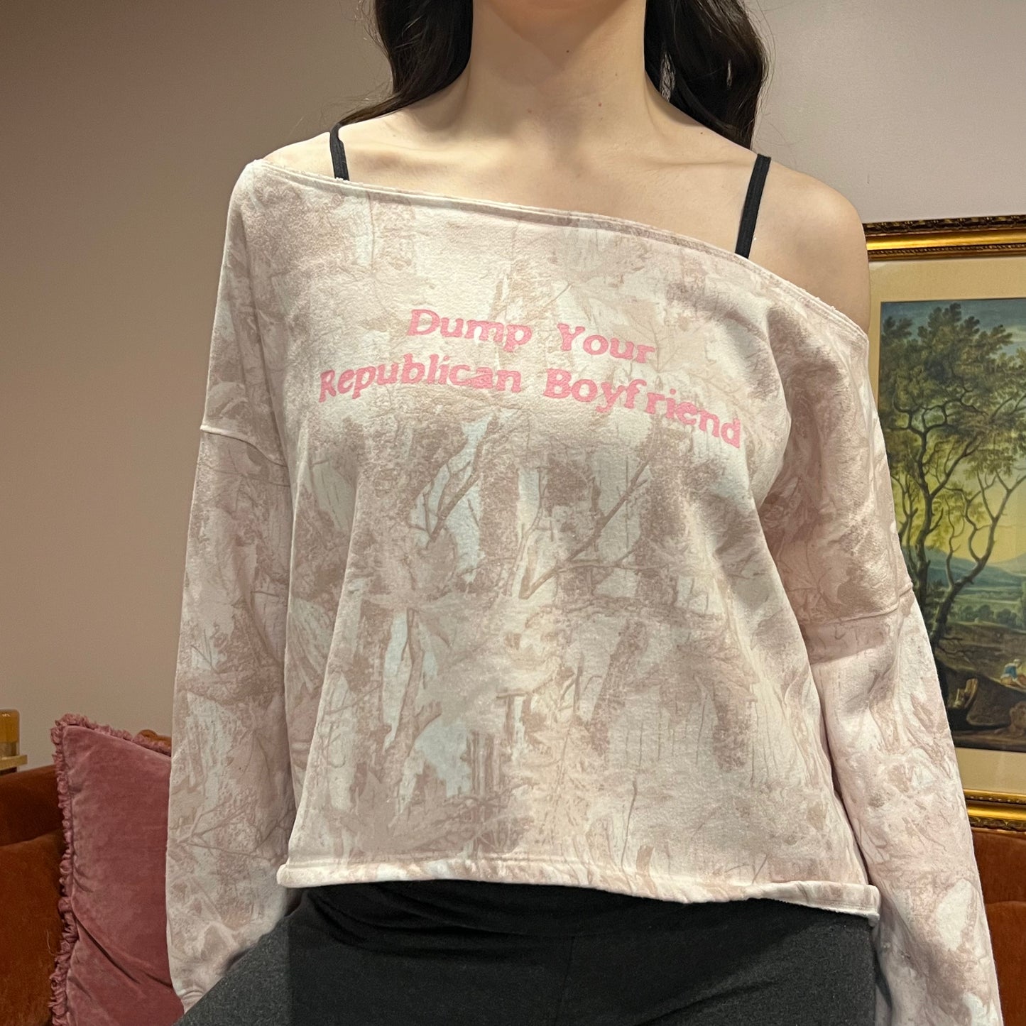 DUMP YOUR REPUBLICAN BOYFRIEND pink camo crewneck with pink text (L)