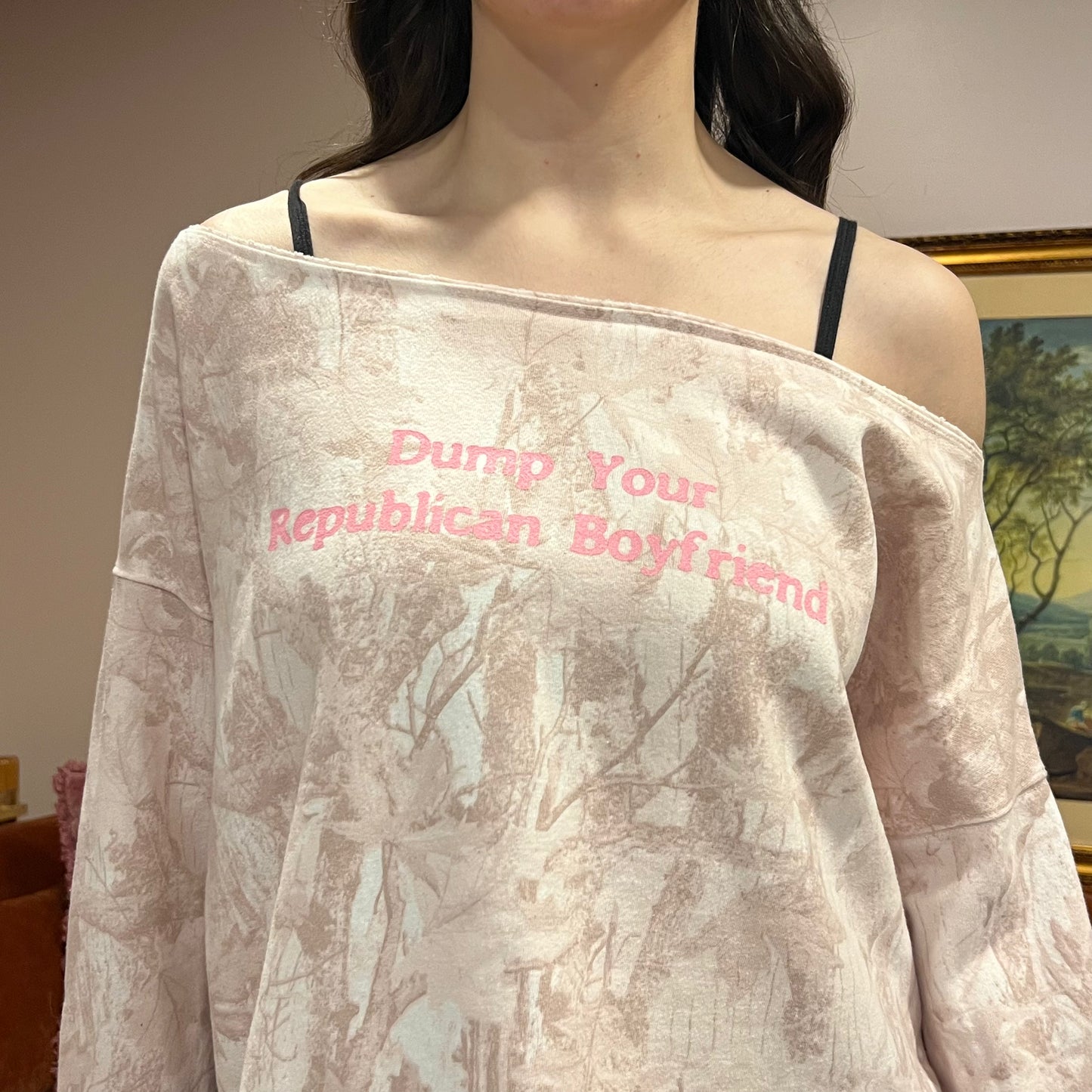 DUMP YOUR REPUBLICAN BOYFRIEND pink camo crewneck with pink text (L)