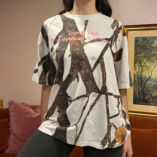 DUMP YOUR REPUBLICAN BOYFRIEND white camo t-shirt with pink text (XXL)