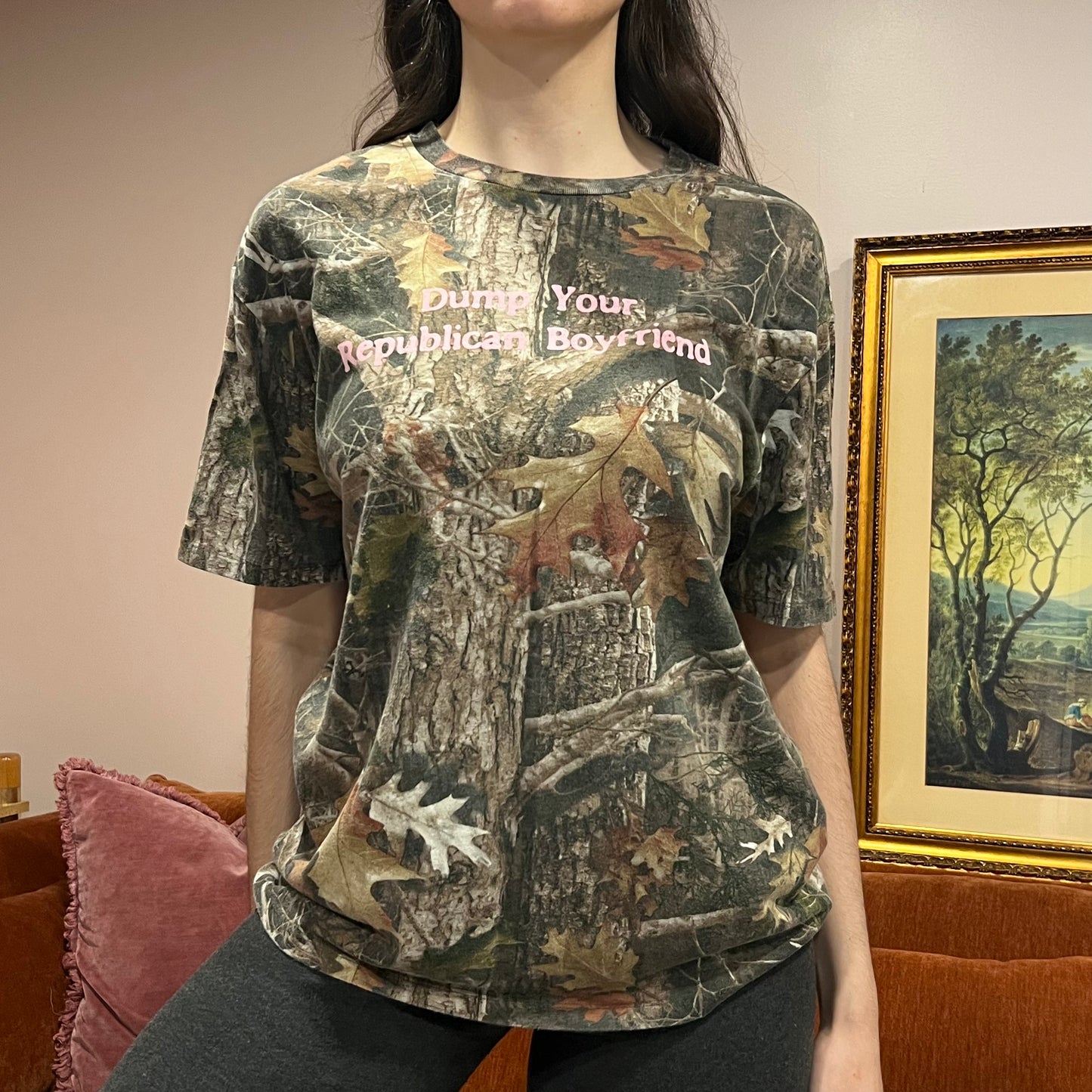 DUMP YOUR REPUBLICAN BOYFRIEND camo t-shirt with pink text (L)