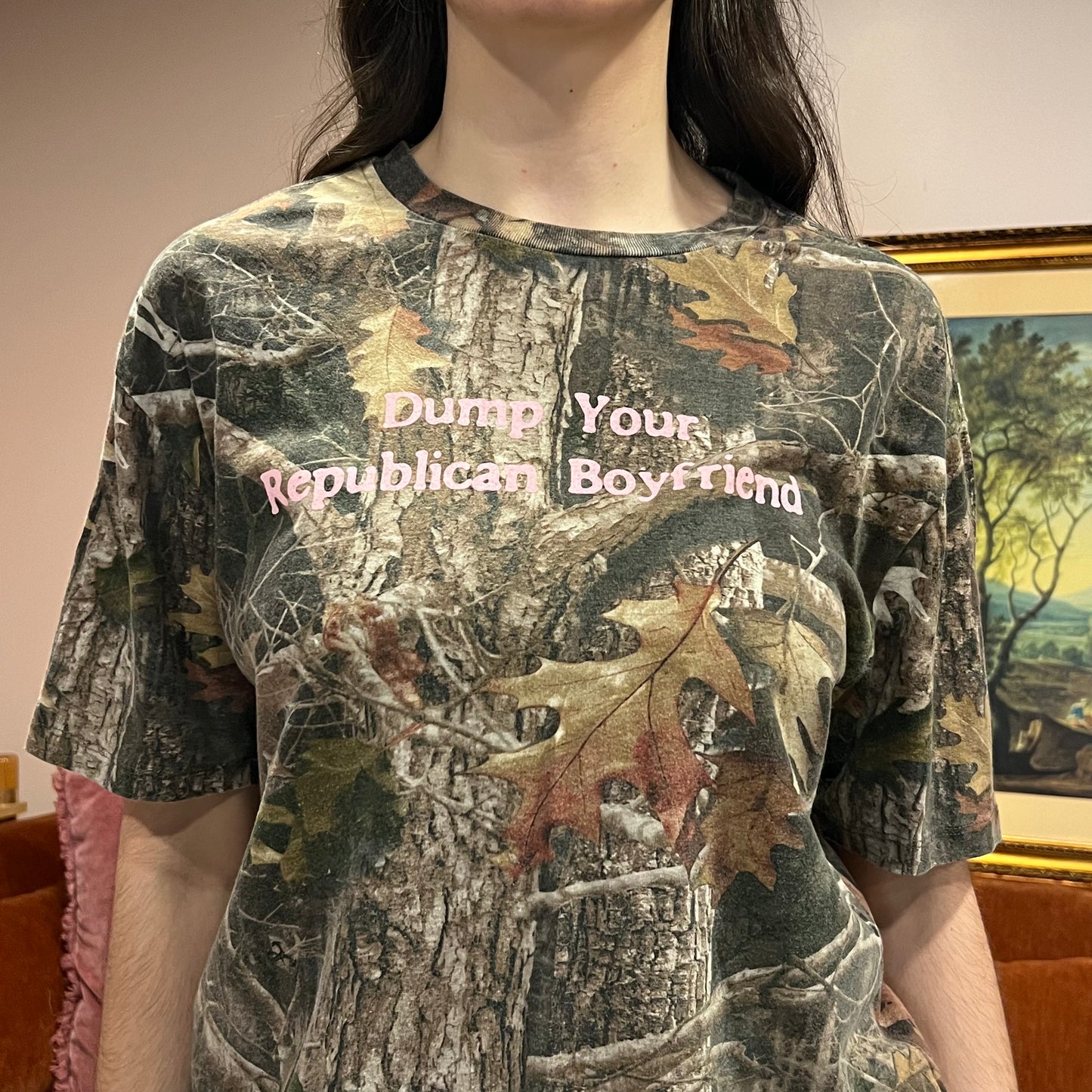 DUMP YOUR REPUBLICAN BOYFRIEND camo t-shirt with pink text (L)