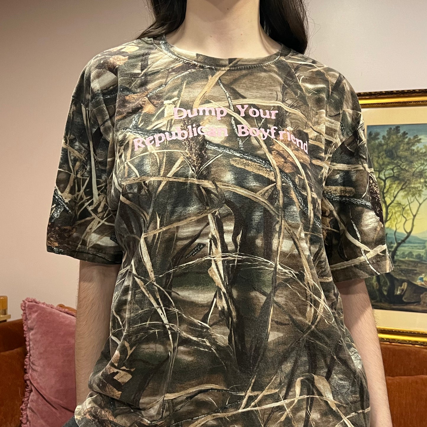 DUMP YOUR REPUBLICAN BOYFRIEND camo t-shirt with pink text (XL)