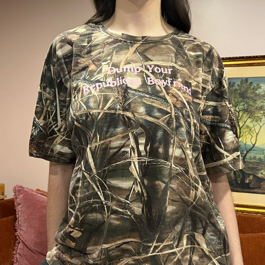 DUMP YOUR REPUBLICAN BOYFRIEND camo t-shirt with pink text (XL)