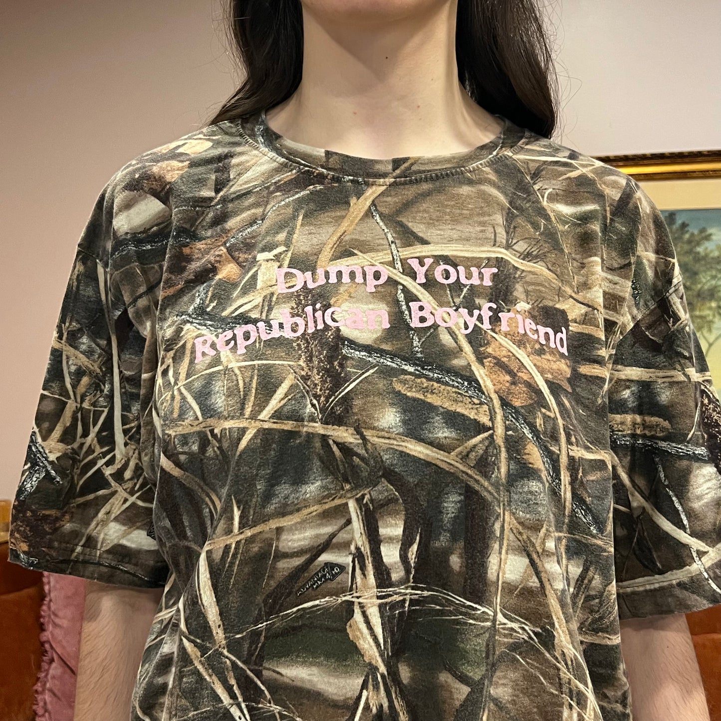 DUMP YOUR REPUBLICAN BOYFRIEND camo t-shirt with pink text (XL)