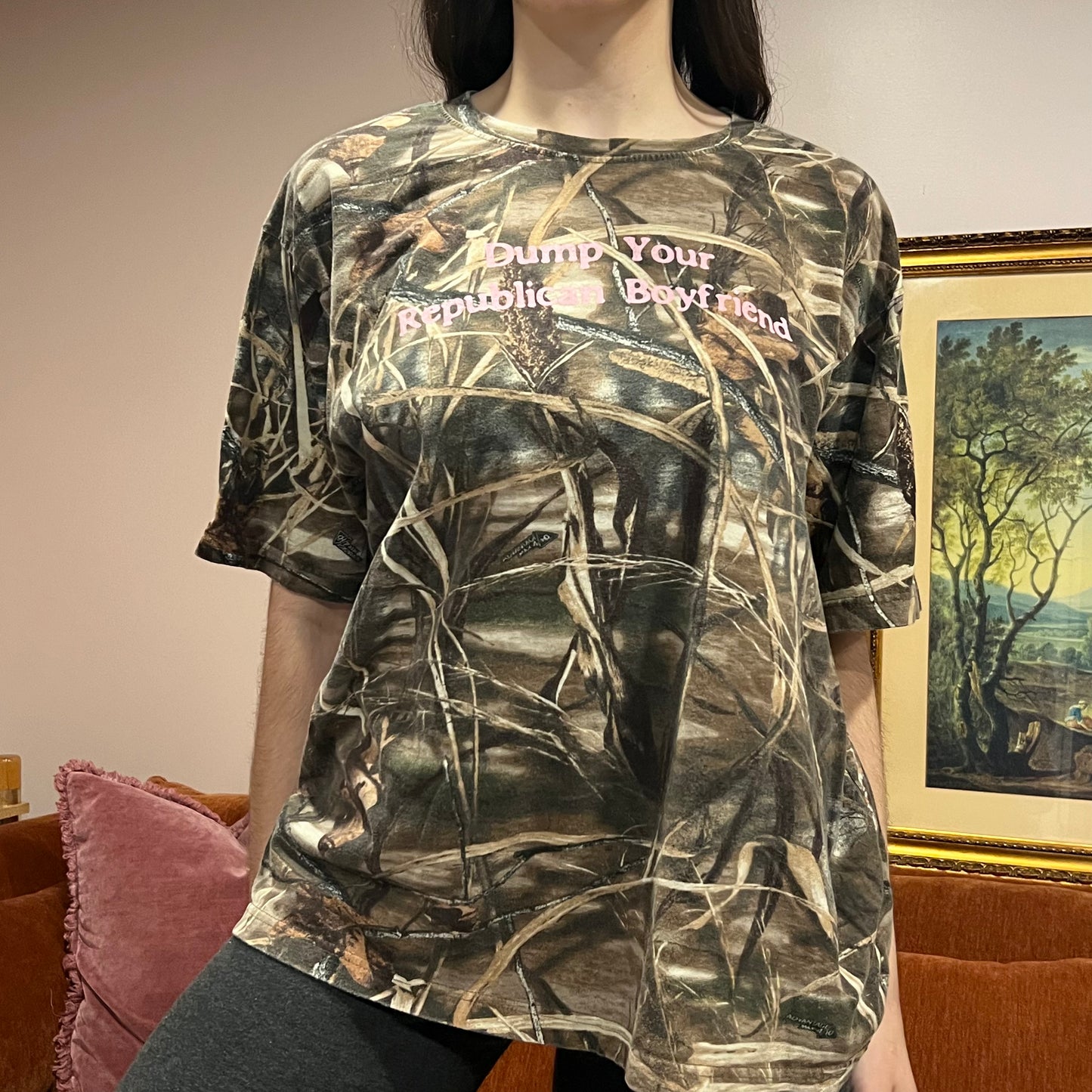 DUMP YOUR REPUBLICAN BOYFRIEND camo t-shirt with pink text (XL)
