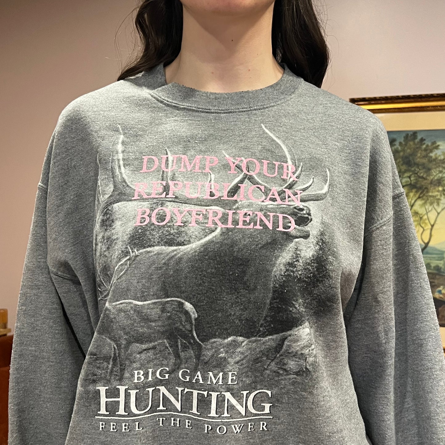 DUMP YOUR REPUBLICAN BOYFRIEND animal crewneck with pink text (L)