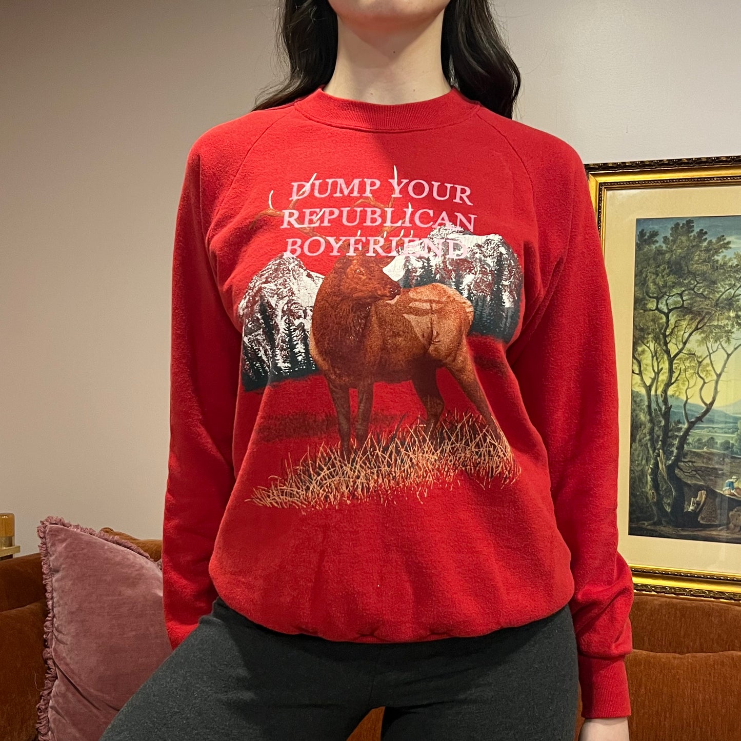 DUMP YOUR REPUBLICAN BOYFRIEND animal crewneck with pink text (S)