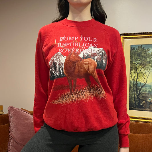DUMP YOUR REPUBLICAN BOYFRIEND animal crewneck with pink text (S)